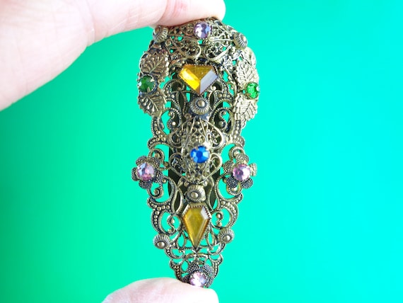 Vintage Retro Accessorie Fur Clip Costume Jewelry Coat Jacket Sweater 1930s 1940s Filigree Rhinestone Brass Wedding Formal Evening Gift