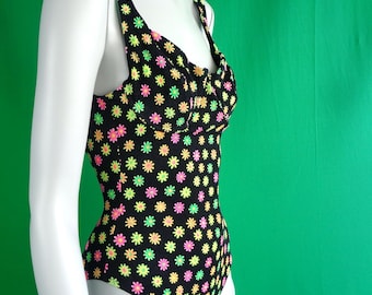 ヴィンテージ80年代フローラル水着、ネオンワンピース水着、ゴールデンリオフェスティバルパーティー