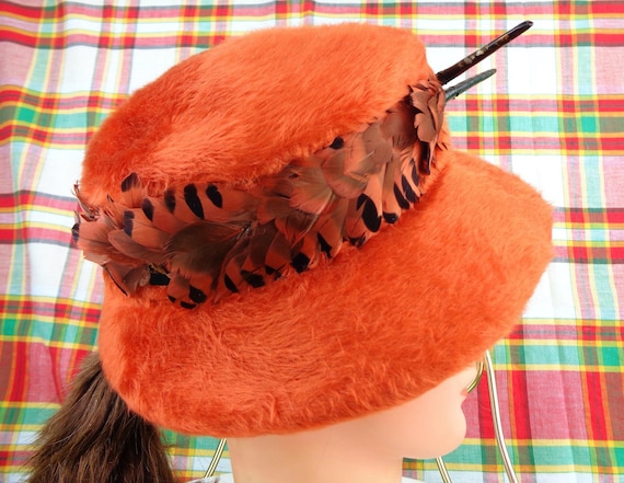 Vintage Retro Orange Bucket Mohair Feather Top Hat 1950s 60s Mid Century Nadelle Pheasant 22" Wedding Party Formal Evening Gift Accessorize