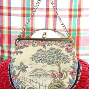 Vintage Retro French La Marquise Tapestry Purse Handbag Clutch Top Handle Chain 50s 60s Mid Century Wedding Party Evening Formal Casual Gift