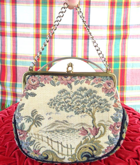 Vintage Retro French La Marquise Tapestry Purse Handbag Clutch Top Handle Chain 50s 60s Mid Century Wedding Party Evening Formal Casual Gift
