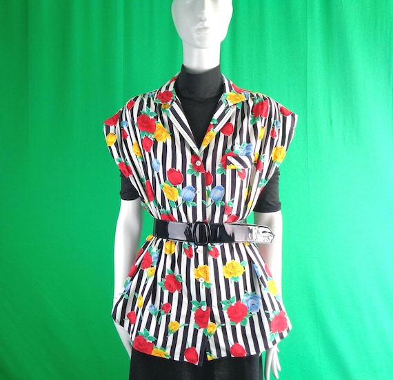 Vintage Retro Handmade Clothing Button Smock Blouse Top Shirt Maternity 1980s 1990s XLarge Floral Stripe Cotton Party Casual Formal Gift