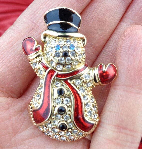 Vintage Retro Y2K Monet Christmas Holiday Crystal Snowman Jewelry Brooch Pin Party Evening Gift Collector Keepsake Memento Accessorize