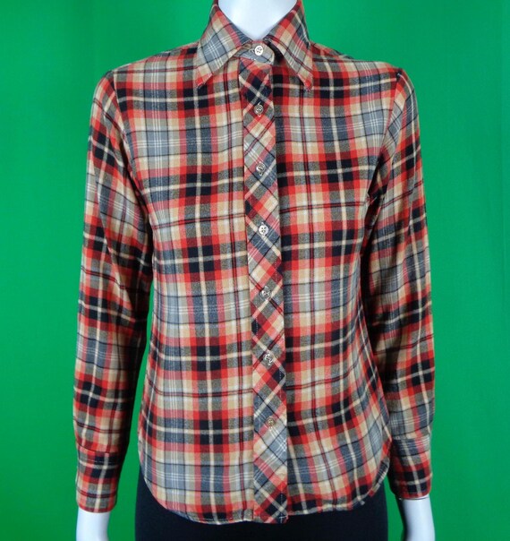 Vintage Retro Clothing Hash Jeans Button Shirt Top Blouse 1970s 1980s XS Flannel Black Orange Beige Plaid Tartan Cowgirl Western Casual Gift