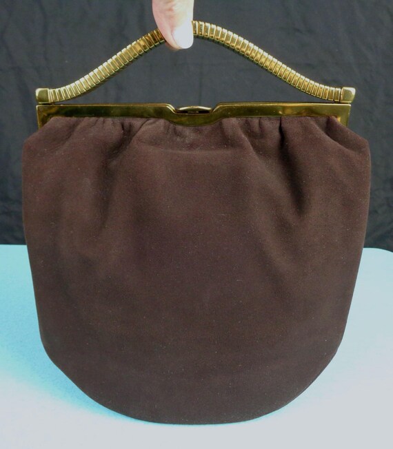 Vintage Retro Rosenfeld Brown Suede Satin Purse Handbag Clutch Top Handle 1940s 50s Mid Century Gold Wedding Party Evening Gift Accessorize