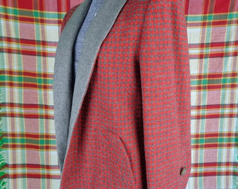 Vintage Retro Womens Girls Clothing Wool Jacket Coat Small Medium Swing Duster Crop Bomber 1940s 1950s Mid Century Red Gray Check Handmade