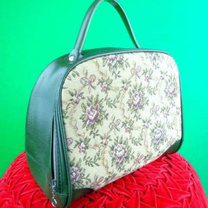 Vintage Tapestry Handbag: Floral Petit Point Top Handle Purse 60s-70s Green Vinyl Bag Accessory image 2