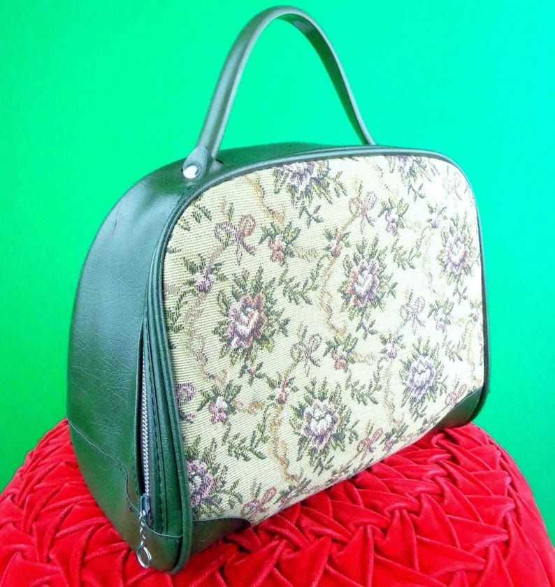 Vintage Tapestry Handbag: Floral Petit Point Top Handle Purse 60s-70s Green Vinyl Bag Accessory image 2