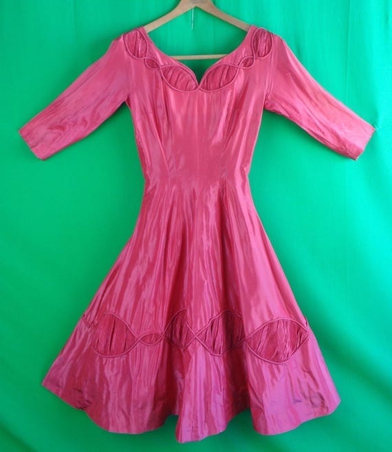 Vintage Retro Handmade Clothing Fuchsia Hot Pink Red Dress Crinoline Slip 1950s 60s Mid Century XS Wedding Party Prom Formal Evening Gift