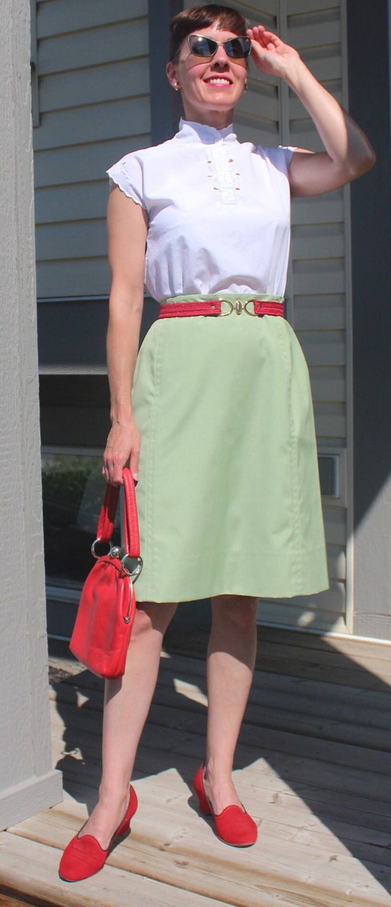 Vintage Retro Clothing Apparel Koret California Canvas Green Pencil Short Skirt 50s 60s Mid Century Wedding Party Evening Formal Casual Gift