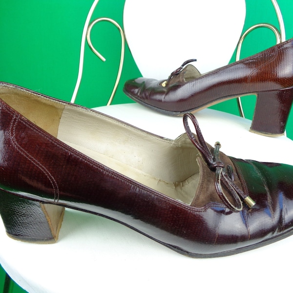 Womens Accessories Ferragamo Salvatore Brown Leather Suede Reptile Pumps Shoes Heels Size 6 1/2 Euro 38 UK 5 60s 70s Vintage Retro Mod Boho