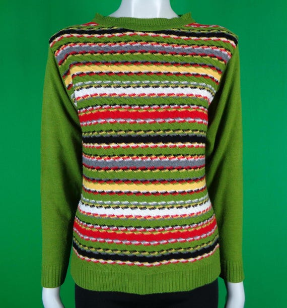 Vintage Retro Mod Apparel Clothing Pullover Sweater Knitwear Jersey Top 1960s 70s M Stripe Green Red Yellow Evening Party Formal Casual Gift