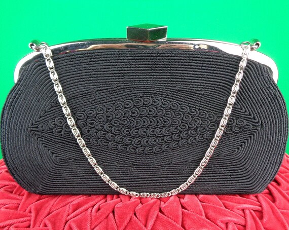 Vintage Retro Accessorie Oblong Black Corde Purse Handbag Clutch Top Handle 1940s 1950s Mid Century Wedding Party Evening Formal Gift
