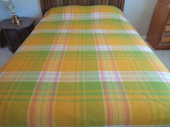 Vintage Horse Throw Blanket: Handmade Plaid Cover Quilt 1940s-50s Comforter Yellow Green Pink Gift
