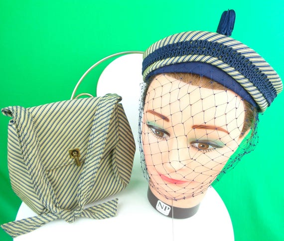 Vintage Retro Sherman Half Skull Capulet Hat Purse Handbag Clutch Set 1940s 1950s Blue Beige Stripe Clutch Wedding Party Formal Evening Gift