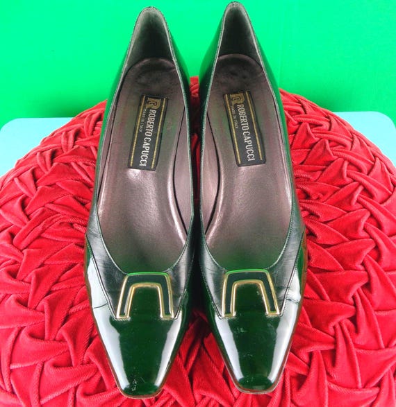 Vintage Roberto Capucci Green Patent Leather Pumps: 80s/90s Designer Shoes Slip-ons Footwear Gift