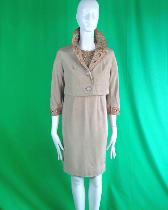 Vintage Asian Dress Suit: 1950s-60s Blazer Jacket Set, Floral Stencil Mid Century Party Formals