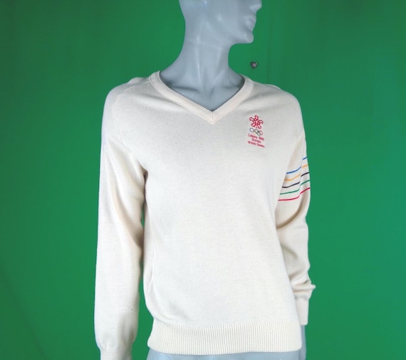 Vintage Retro Unisex Clothing Apparel Pullover Sweater Top 1988 Licensed Canada Winter Olympic Games White Ram Knitwear XL Ivory Casual Gift
