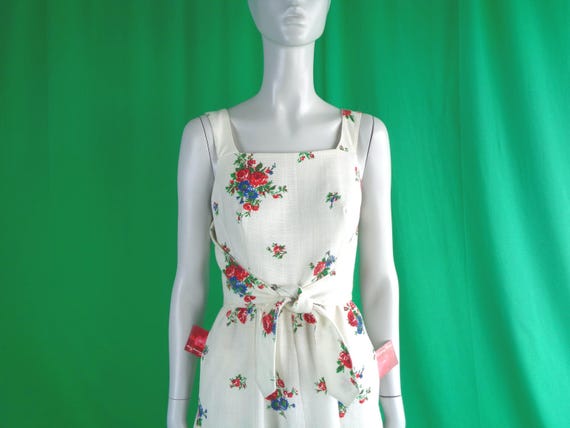 Vintage Retro Leslie Fay Linen Halter Dress: 1960s Floral Party Dress Size Small Gift