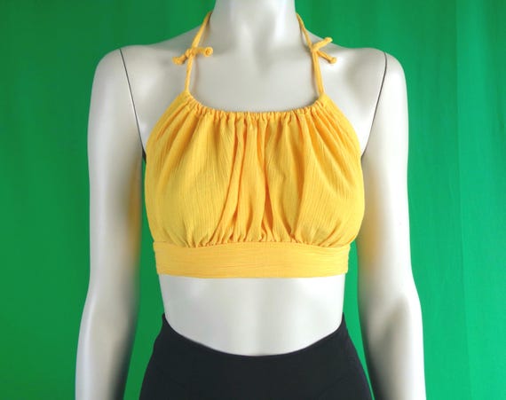 Vintage Retro Yellow Suzanne Design Tie Crop Sun Bra Top 1970s 1980s CA US XS S M Cup B C Coastal Beach Tennis Golf Sport Wedding Party Gift