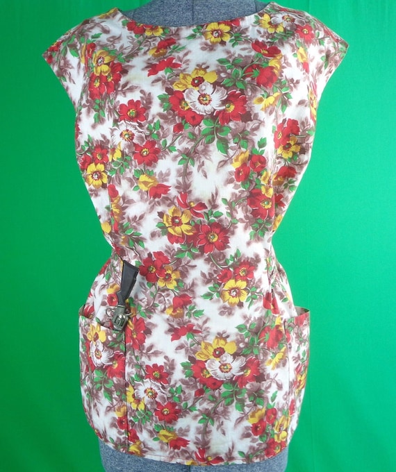 Vintage Retro Handmade Clothing Feed Sack Painter Artist Smock Apron Maternity Top Blouse Shirt 40s 50s Floral Mid Century Workwear Gift