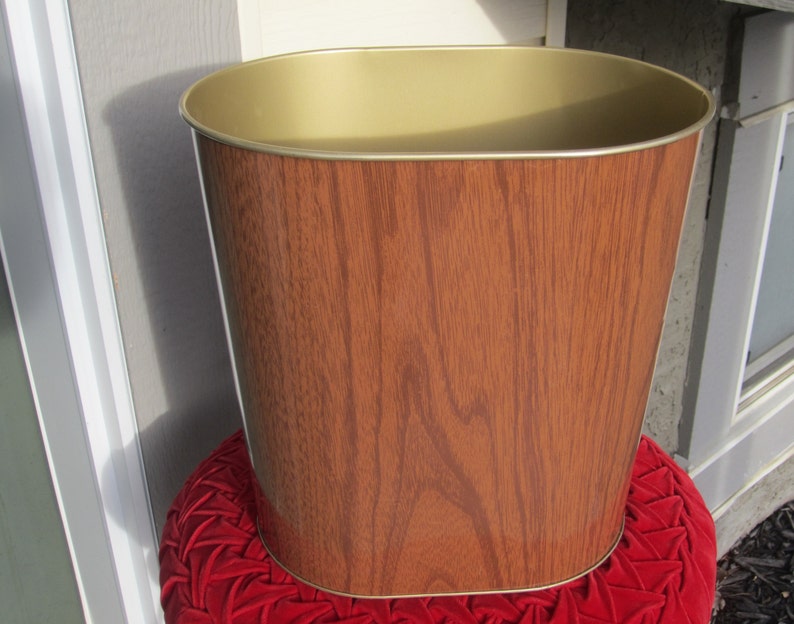 1950s 60s Vintage Mid Century Retro Brown Wood Panel Gold Metal Garbage Trash Waste Can Basket Home Office Living Decor Organization Recycle