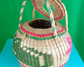 Cestino vintage in rattan stile gatto: con coperchio, borsa in vimini e bambù, accessorio costiero