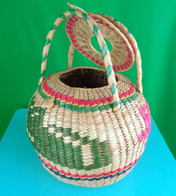 Vintage Retro LG Cat Animal Pet Wicker Bamboo Straw Rattan Handbag Purse 1980s 90s Top Handle Coastal Basket Wedding Party Gift Accessorize