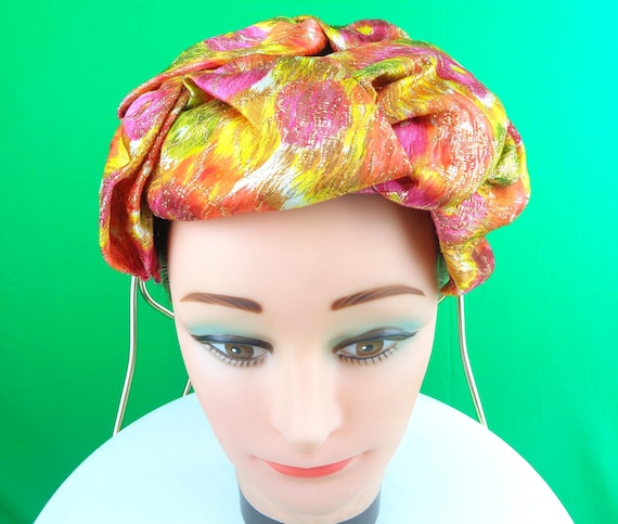 Vintage Headband Half Hat: 50s 60s Floral Fascinator Mid Century Accessory Pink Yellow Orange