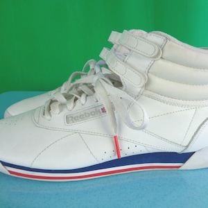 Vintage Retro White Reebok Classic High Top Tie Velcro Sneakers Trainer Runners Shoes Footwear 1980s 1990s CA US 9 Gift Red Blue Stripe