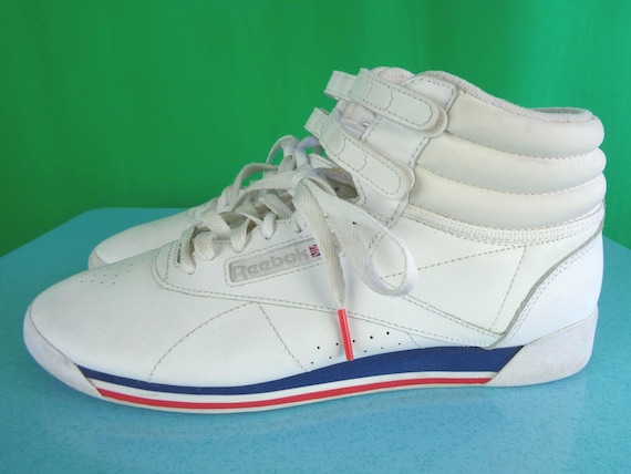 Vintage Retro White Reebok Classic High Top Tie Velcro Sneakers Trainer Runners Shoes Footwear 1980s 1990s Size 9 Gift Red Blue Stripe