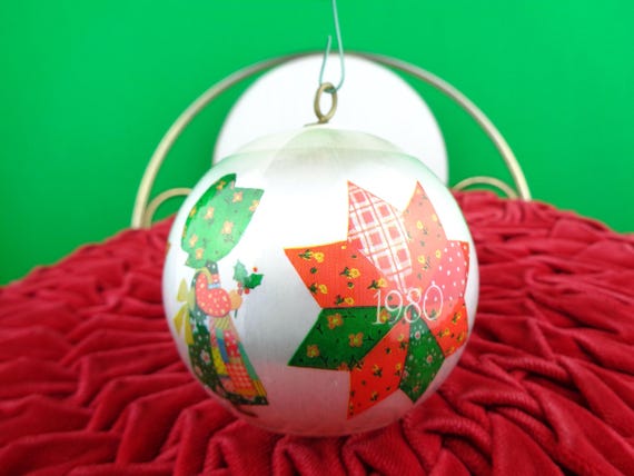 Vintage Retro Holly Hobby Christmas Holiday Tree Ornament Decoration 1980s Round Ball Patch Work Home Accent Decor Collectible Keepsake Gift