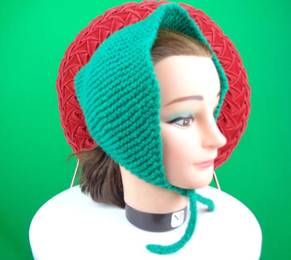 Handmade Green Knit Head Scarf - Mid Century style Tie Wrap Ear Warmer Gift Accessory