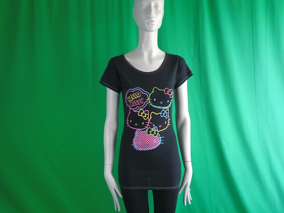 Vintage Retro Y2K Clothing Apparel Sanrio Hello Kitty Cat Pullover Tee T Shirt Blouse S Black Neon Shadow Polka Dot Character Gift NWT