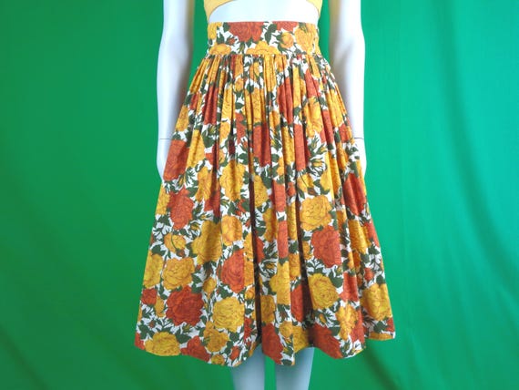 Vintage Retro Clothing Apparel Alex Colman California Floral Cotton Skirt 50s 60s Mid Century XS Wedding Party Gift Sun Yellow Orange Roses