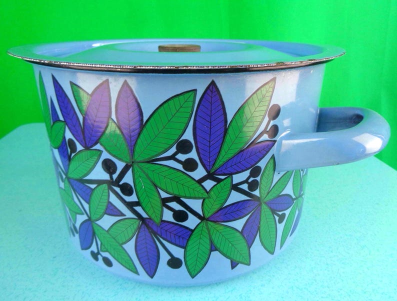 Vintage Retro Finel Stock Pot: 1960-70s Finland Cookware Transfer-ware Leafy Enamel Kitchen Decor Gift image 5