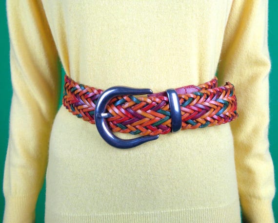 Vintage 80s-90s Rainbow Braided Leather Belt, Wide Silver Buckle, U.S.A. Accessory Red Green Purple Orange
