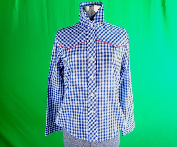 Vintage Retro Clothing Shirt Top Blouse Sears Bazaar 1970s 80s Size Medium Blue White Red Check Cotton Gingergram Western Wear Gift