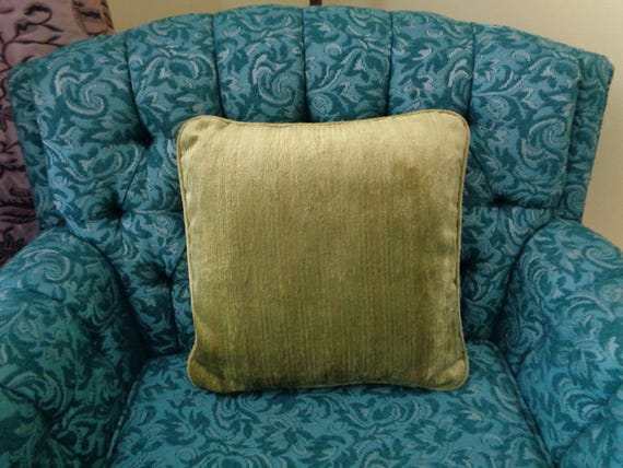 Vintage Green Velveteen Throw Pillow: Stripe Accent Cushion 1960s-70s Chair Sofa Couch Decor Handmade