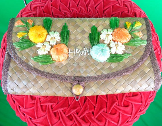 Vintage Retro Hawaii Bamboo Straw Rattan Clutch Purse Handbag 1950s 60s Mid Century Floral Brown Green Orange Wedding Party Gift Accessorize