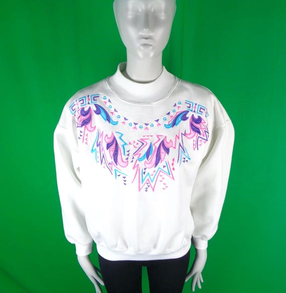 Vintage Retro Clothing Apparel Pullover Sweater Top 1980s 1990s LG Crazy Patten Athletic Sport-wear White Purple Pink Blue Casual Party Gift