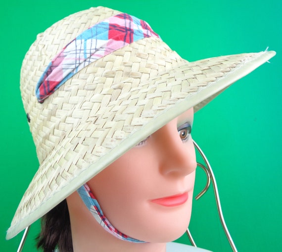 Vintage Retro Natural Straw Sunwheel Plaid Chin tie Brim Hat 1950s 1960s Mid Century Wedding Safari Beach Holiday Coastal Gift Accessorie