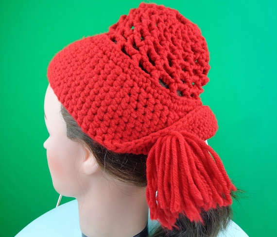 Vintage Lipstick Red Cable Knit Capulet Beanie: Handmade 1950s Half Hat Gift Accessory