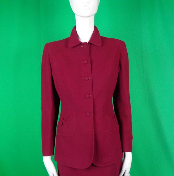 Vintage Retro Clothing Burgundy Gabardine Wool Suit Jacket Skirt Set 1940s 50s Mid Century Debwear Casual Formal Evening Wedding Party Gift