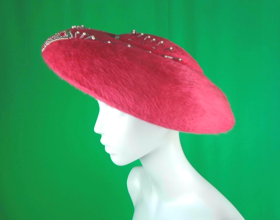 Vintage Retro LG Lazarus Model Paris Pink Mohair Brim Hat 1940s 1950s Mid Century Designer Wedding Party Formal Evening Gift Accessorize
