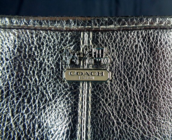 Metallic Leather Coach Clutch Purse, Silver Chain Handle Small