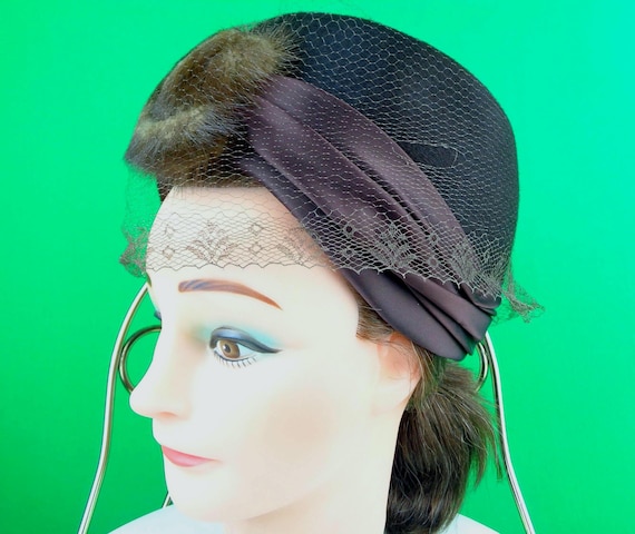 Vintage Retro Pillbox Veil Fur Mink Capulet Turban Cloche Hat 1950s 60s Mid Century Brown 22" Wedding Party Formal Evening Gift Accessorize
