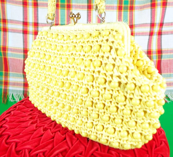 Vintage Retro Yellow Raffia Rattan Straw Purse Top Handle Handbag Clutch 1950s 1960s Mid Century Wedding Party Evening Gift Accessorize