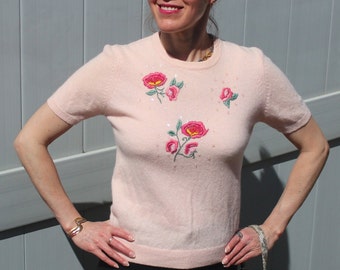Vintage Retro Clothing Pullover Angora Sweater Top Blouse Lilly XS Small Pink Wool Nylon Beaded Pearl Buttons 1960s 1970s Mid Century Gift