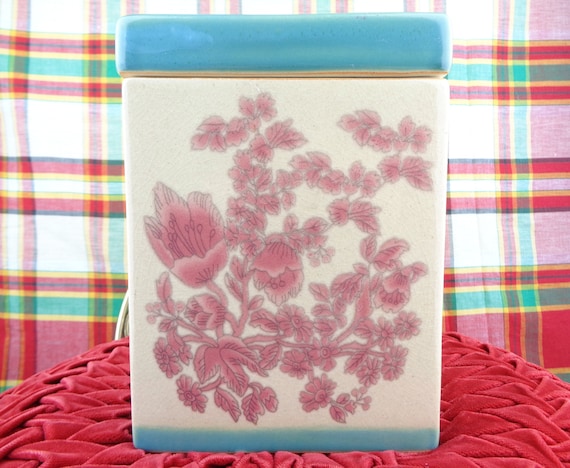 Vintage Retro Pier 1 Import Square Canister Lid Container Storage Organization Home Accent Decor Center Piece Floral Pink Blue Gift Collect